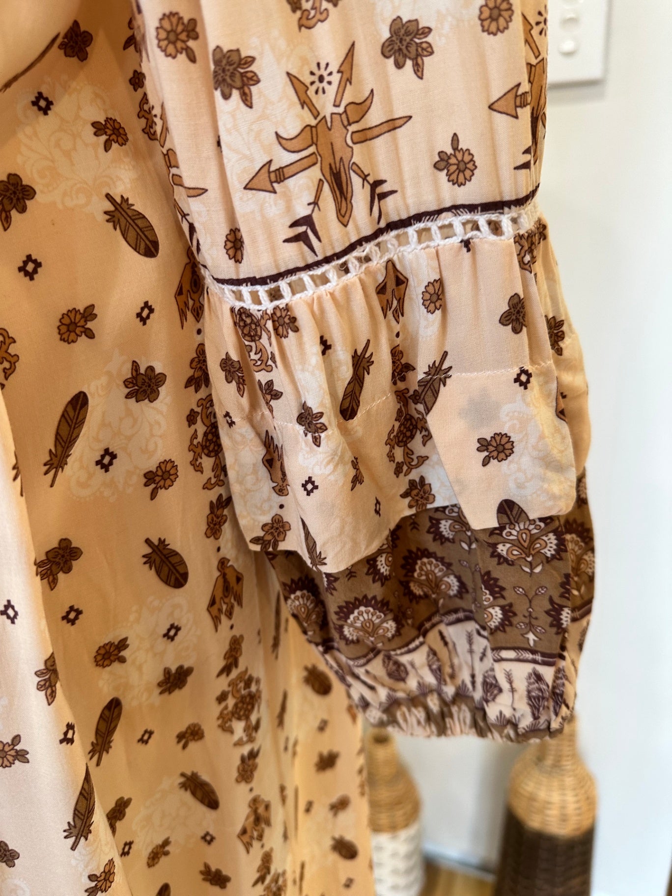 Tanah Folk - Bohemian Dress - Small / Medium - Beige and brown