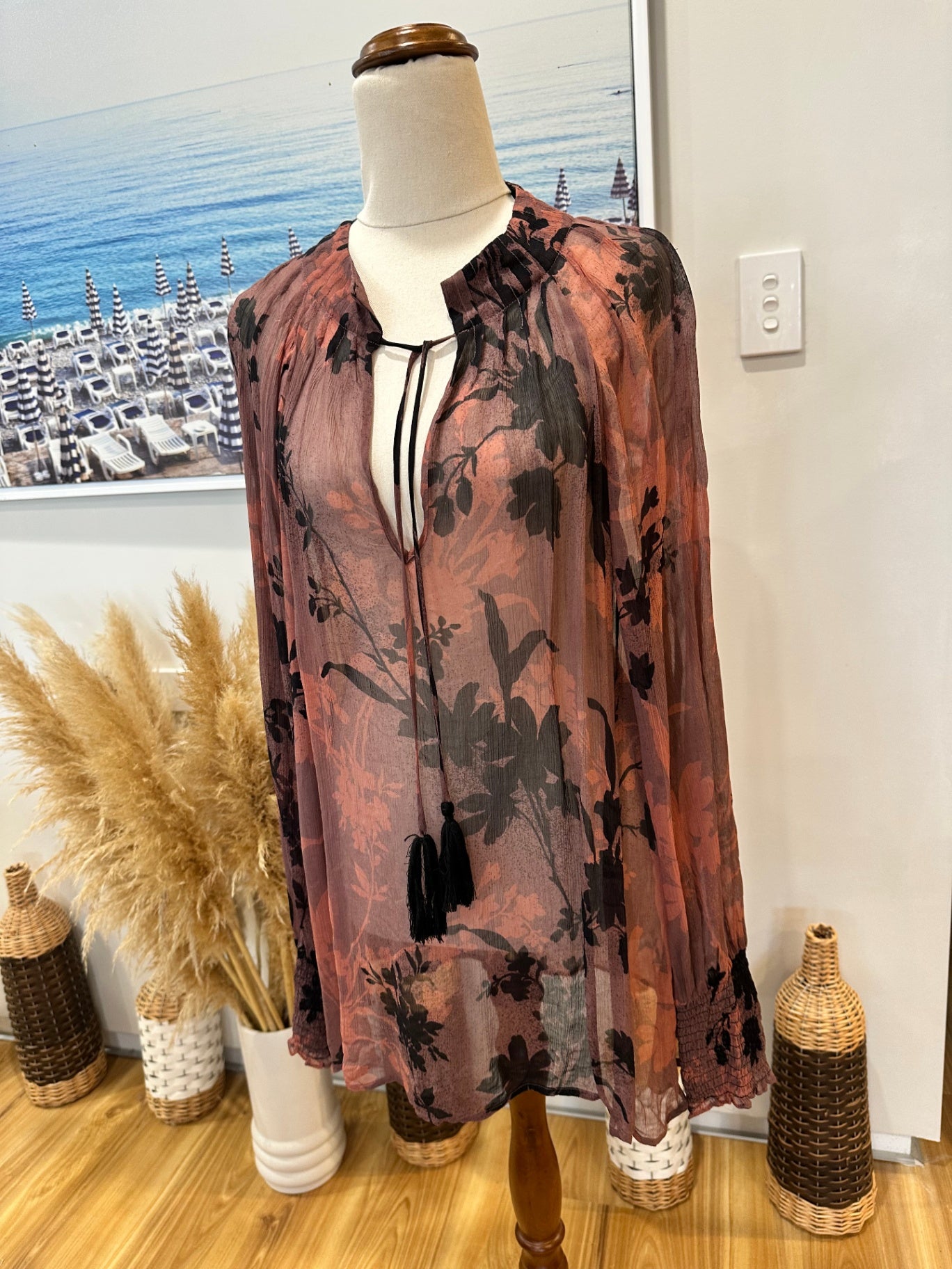 OnceWas - Melbourne - Blouse - Size Small - Pink/Burgundy with black floral pattern