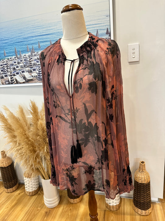 OnceWas - Melbourne - Blouse - Size Small - Pink/Burgundy with black floral pattern