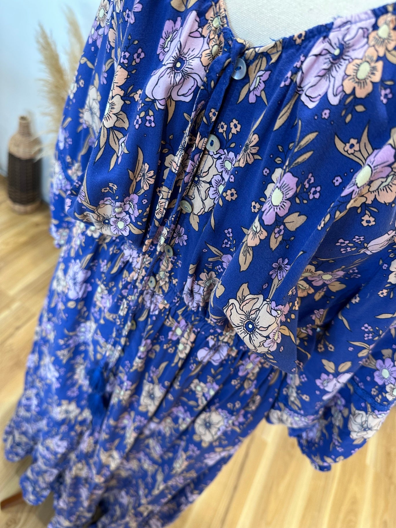 Jaase - Bohemian Maxi Dress - Size Small - Blue with floral pattern