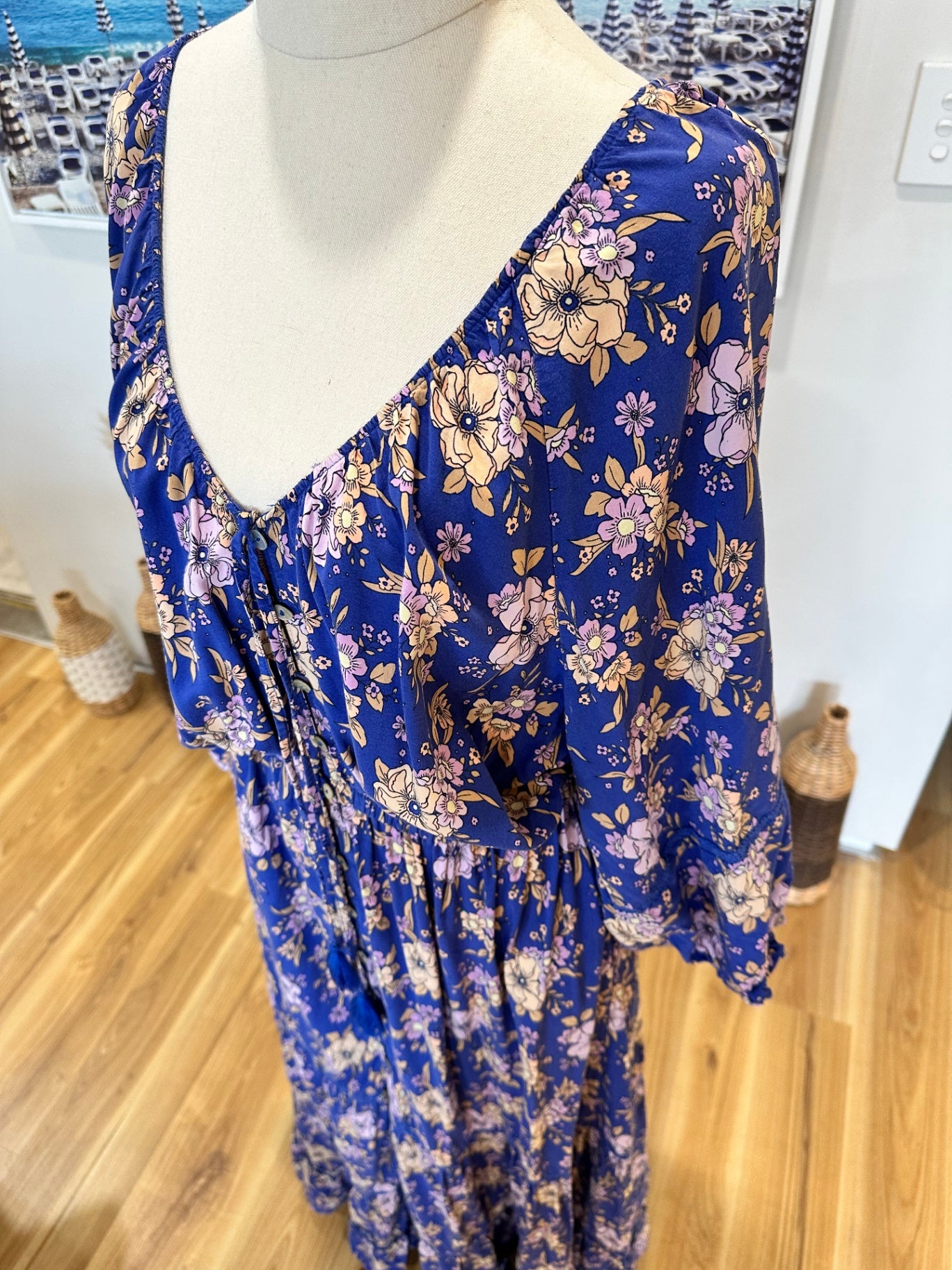 Jaase - Bohemian Maxi Dress - Size Small - Blue with floral pattern