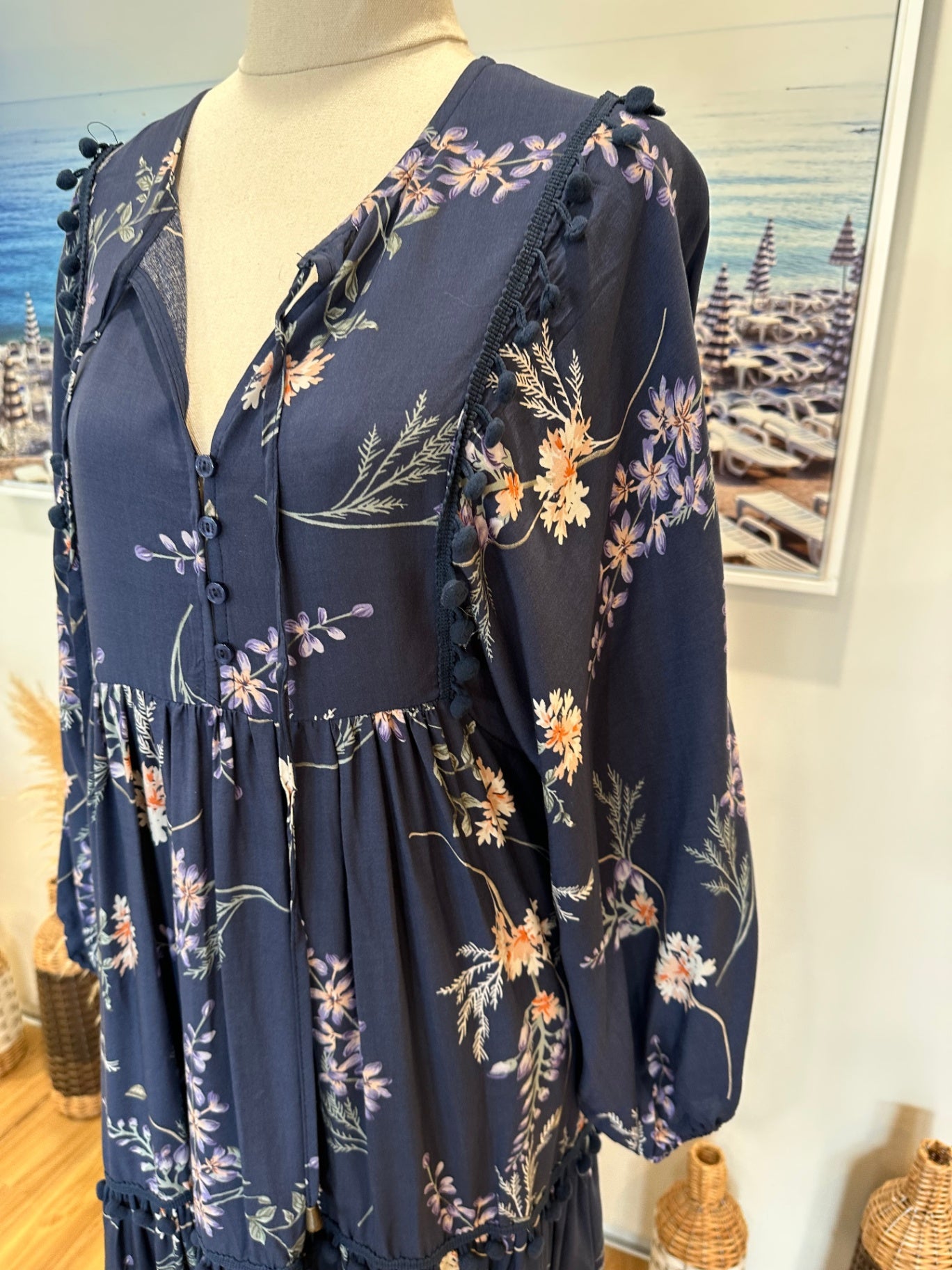 Jaase - Midi Dress - Size Small - Navy blue with floral pattern