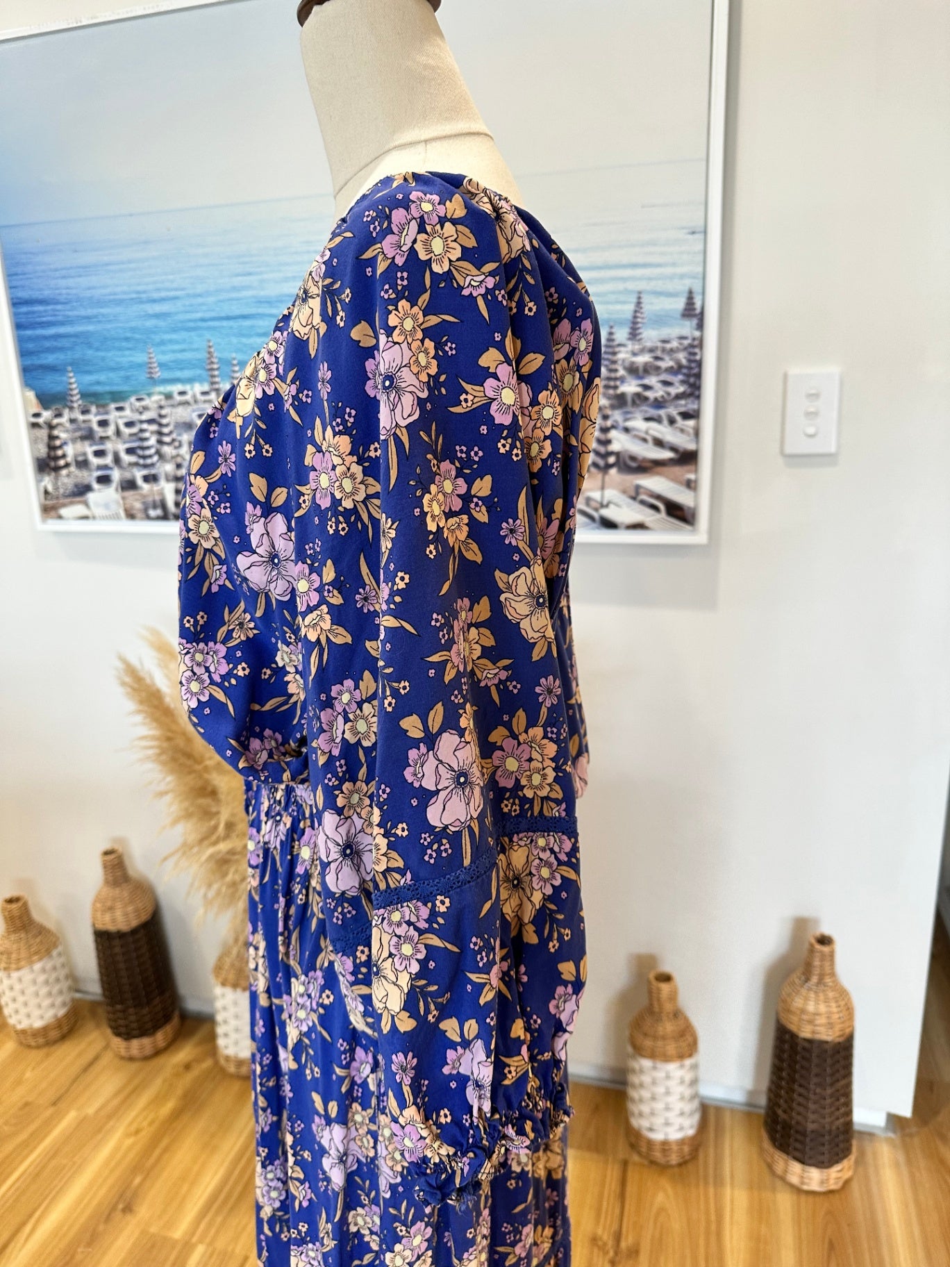 Jaase - Bohemian Maxi Dress - Size Small - Blue with floral pattern