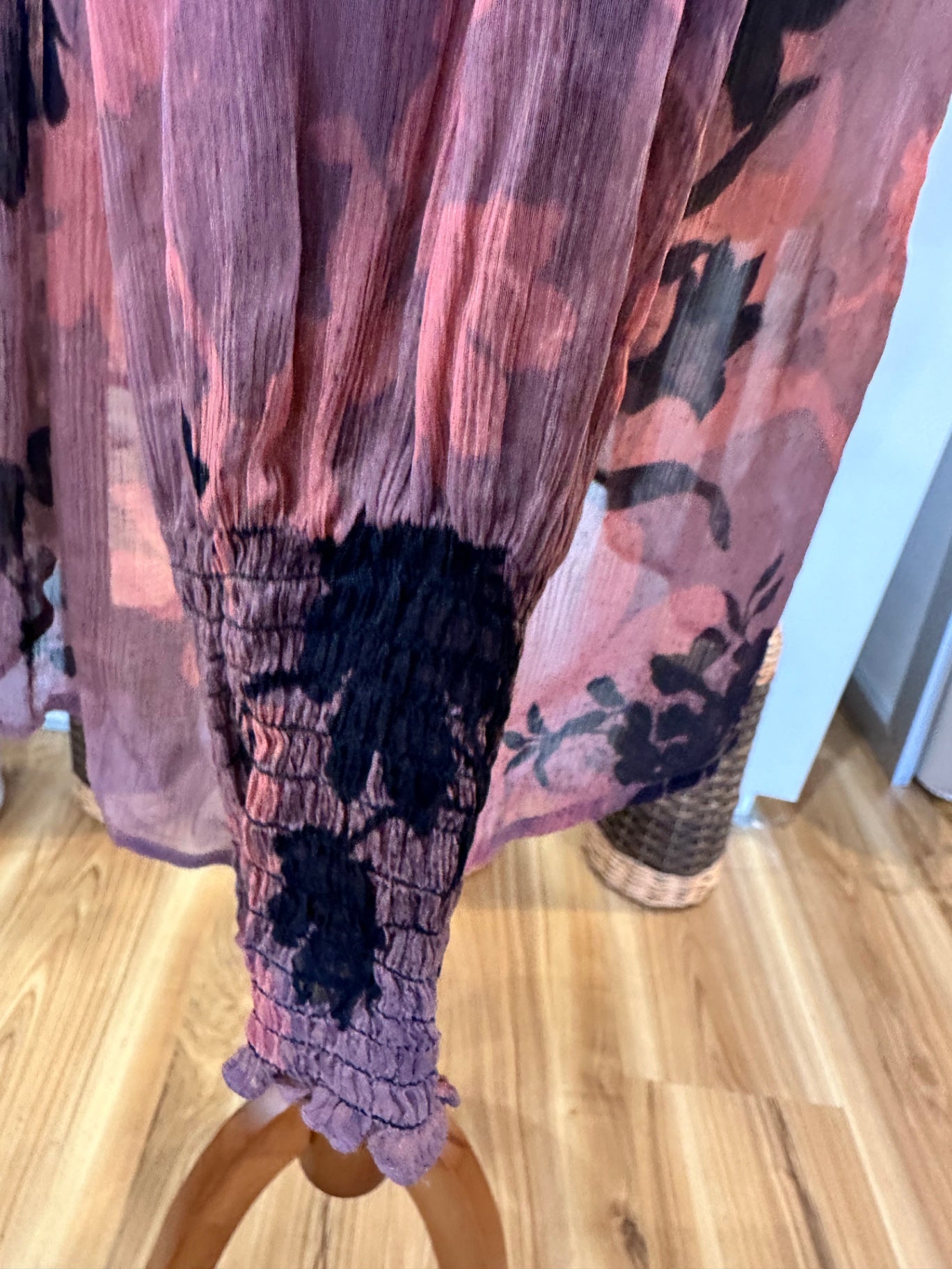 OnceWas - Melbourne - Blouse - Size Small - Pink/Burgundy with black floral pattern