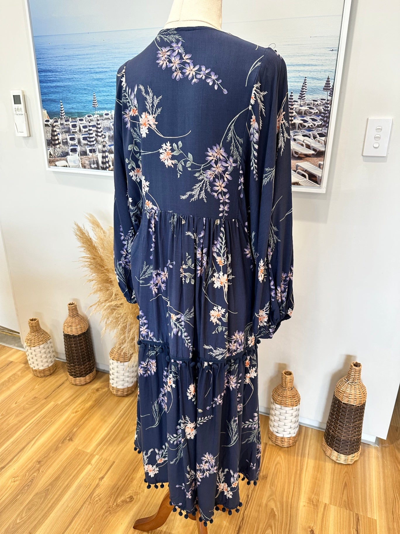 Jaase - Midi Dress - Size Small - Navy blue with floral pattern