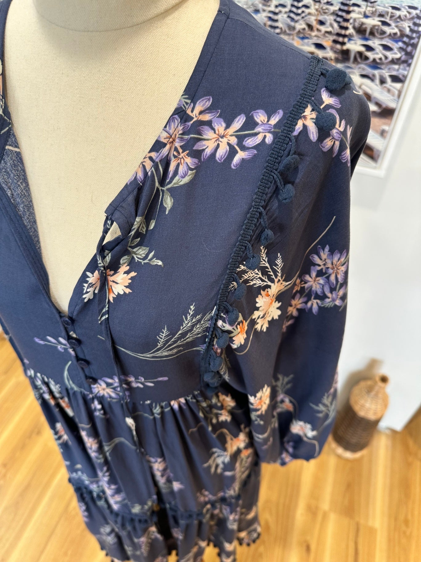 Jaase - Midi Dress - Size Small - Navy blue with floral pattern