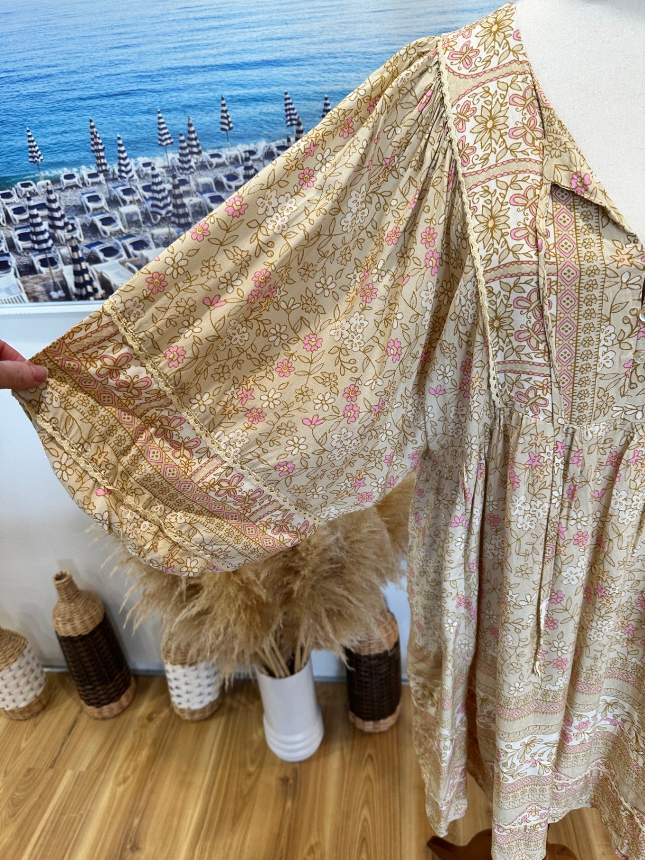 Jaase - Midi Bohemian Dress - Small - Beige & Pink