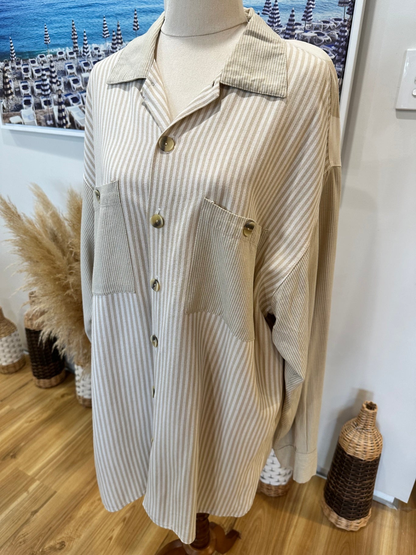 Cecil Gee - Shirt - Extra Large - Beige and white striped