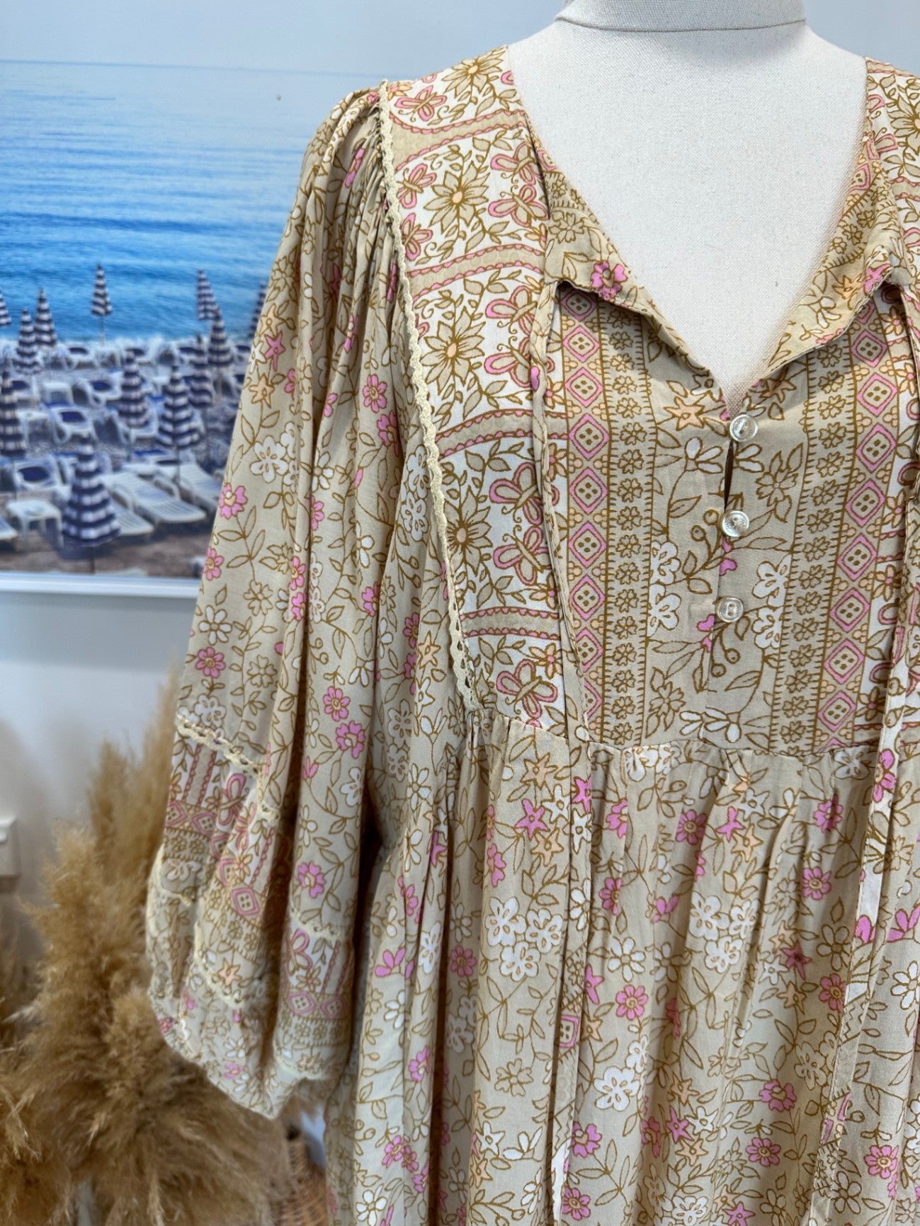 Jaase - Midi Bohemian Dress - Small - Beige & Pink