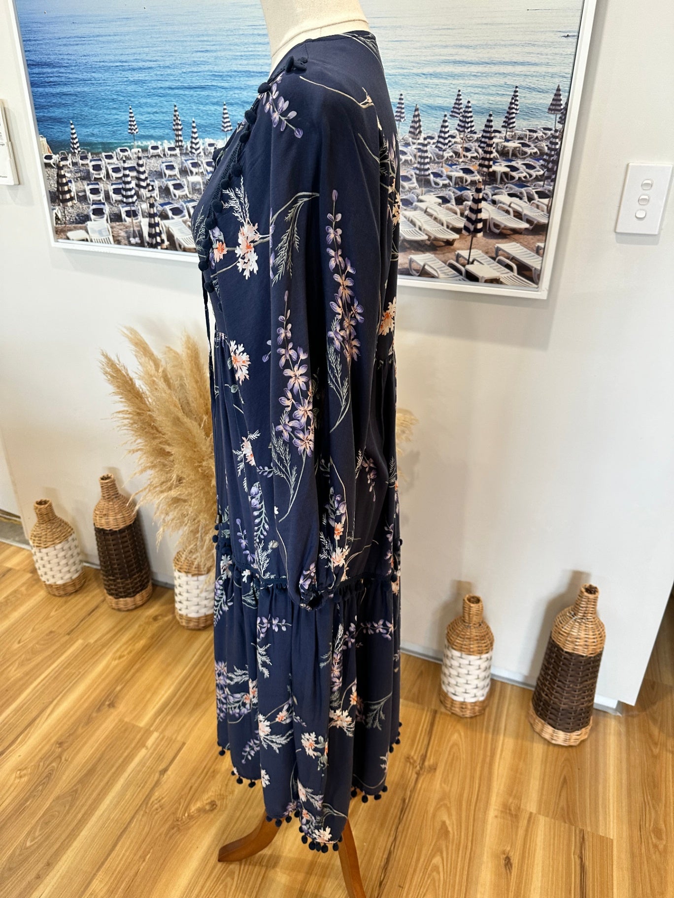 Jaase - Midi Dress - Size Small - Navy blue with floral pattern