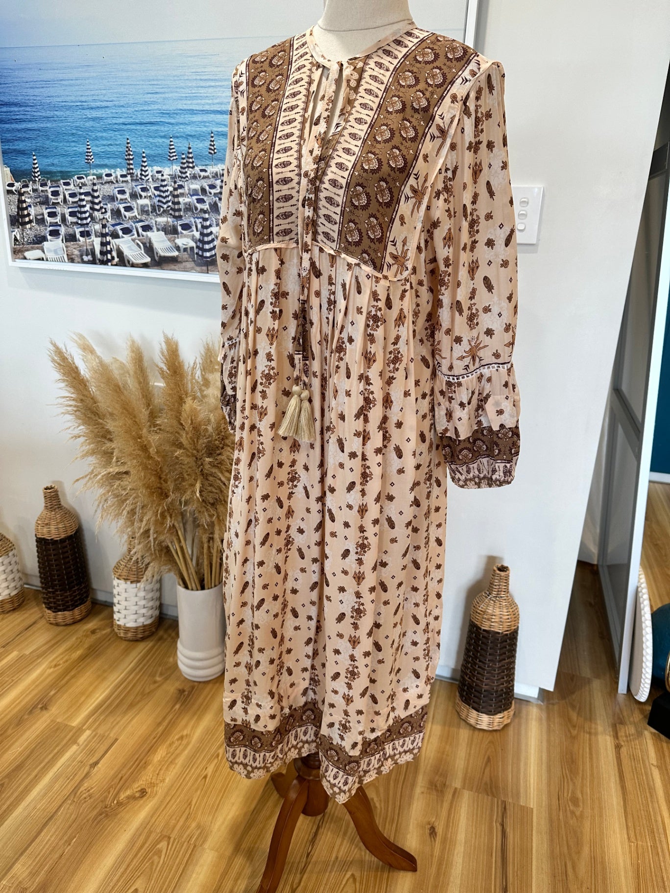 Tanah Folk - Bohemian Dress - Small / Medium - Beige and brown
