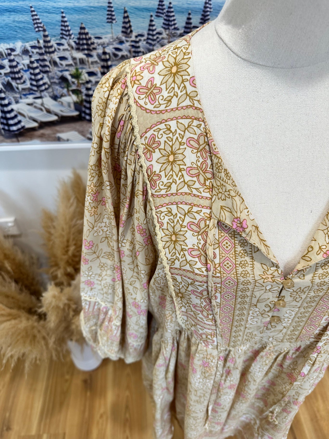 Jaase - Midi Bohemian Dress - Small - Beige & Pink