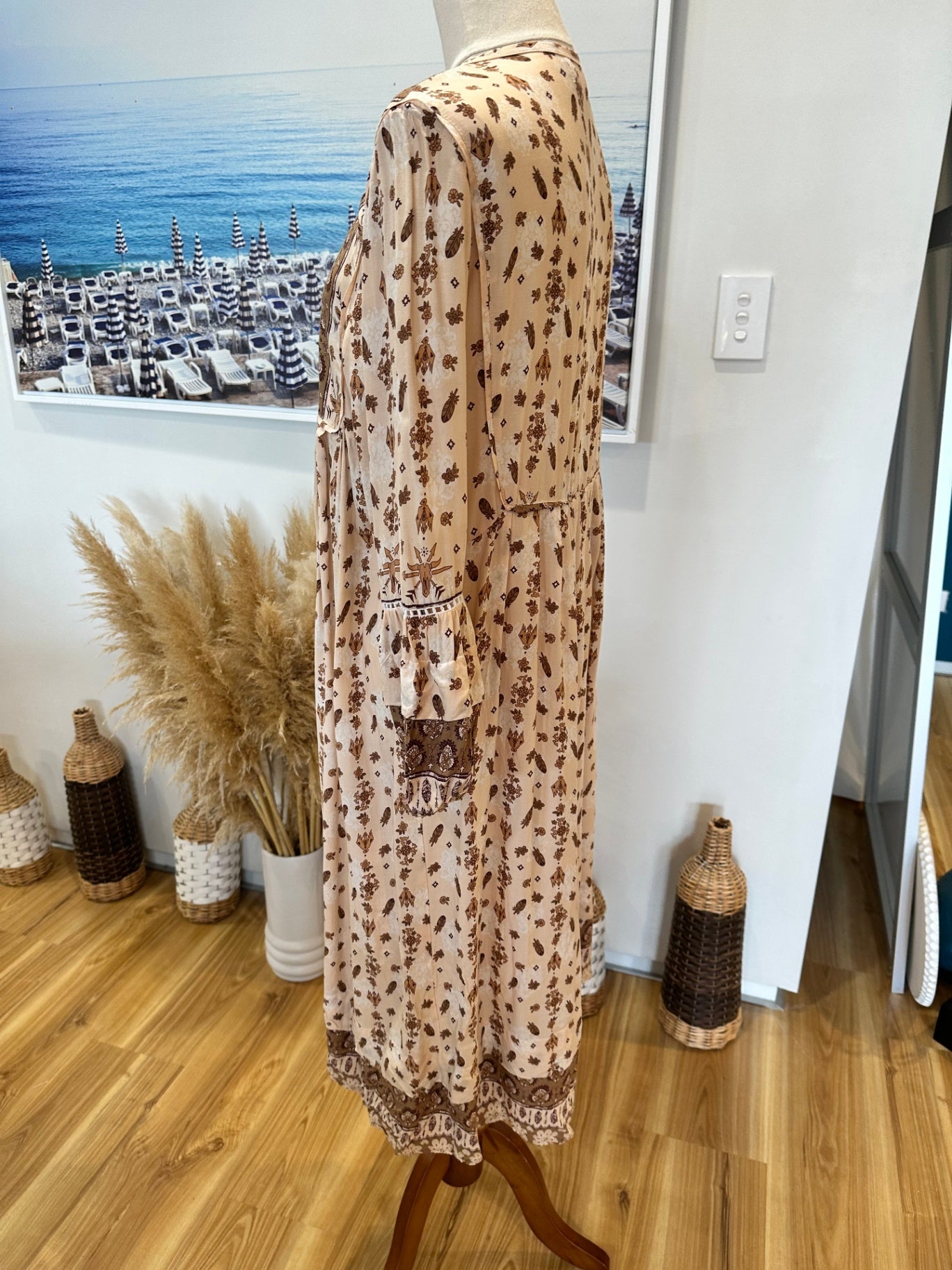 Tanah Folk - Bohemian Dress - Small / Medium - Beige and brown