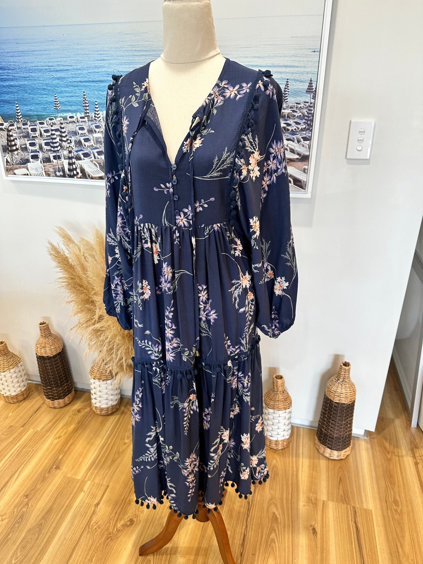 Jaase - Midi Dress - Size Small - Navy blue with floral pattern