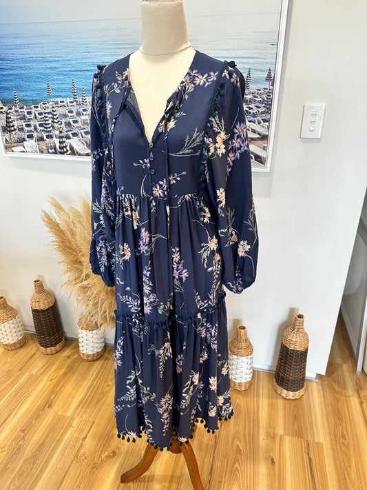Jaase - Midi Dress - Size Small - Navy blue with floral pattern