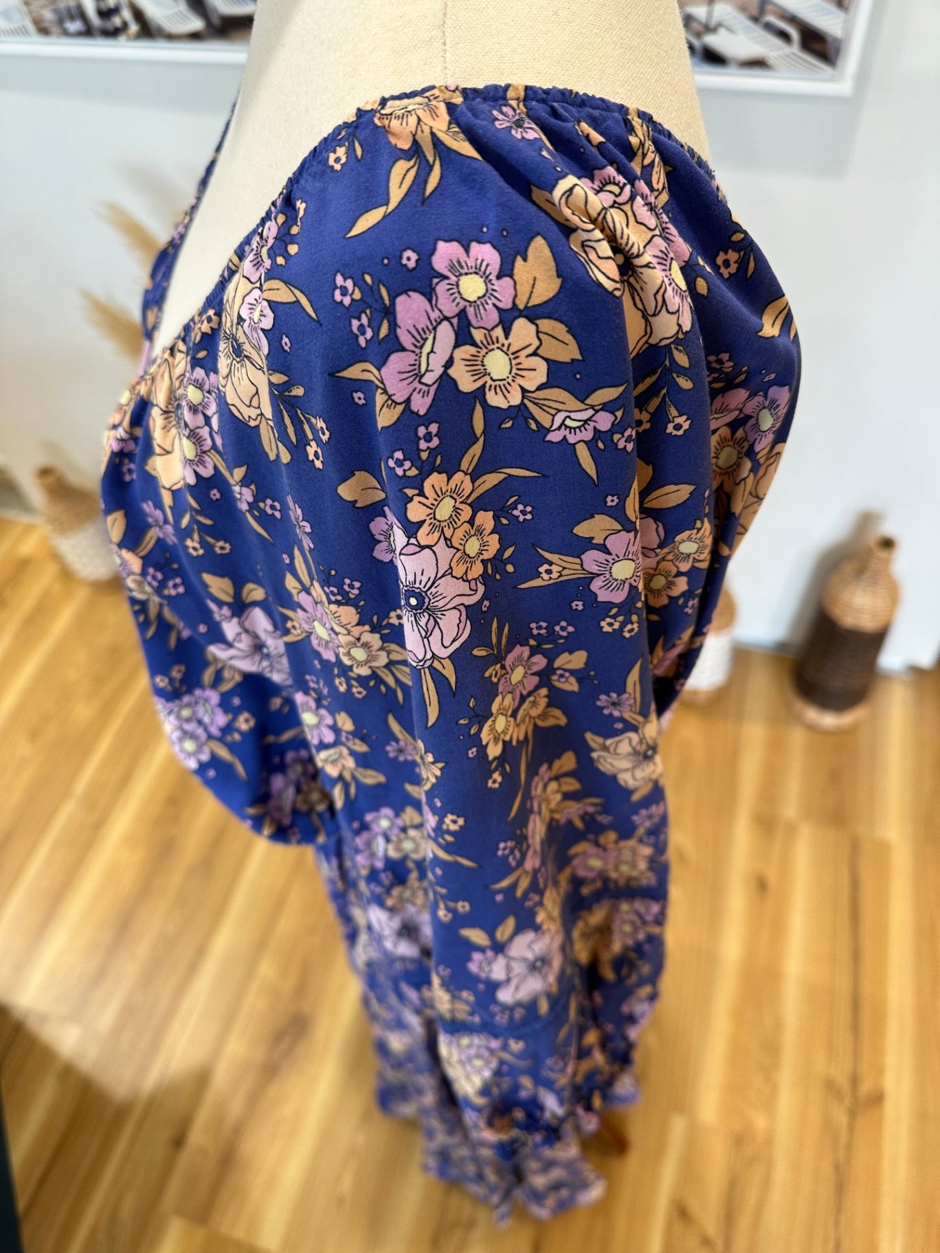 Jaase - Bohemian Maxi Dress - Size Small - Blue with floral pattern