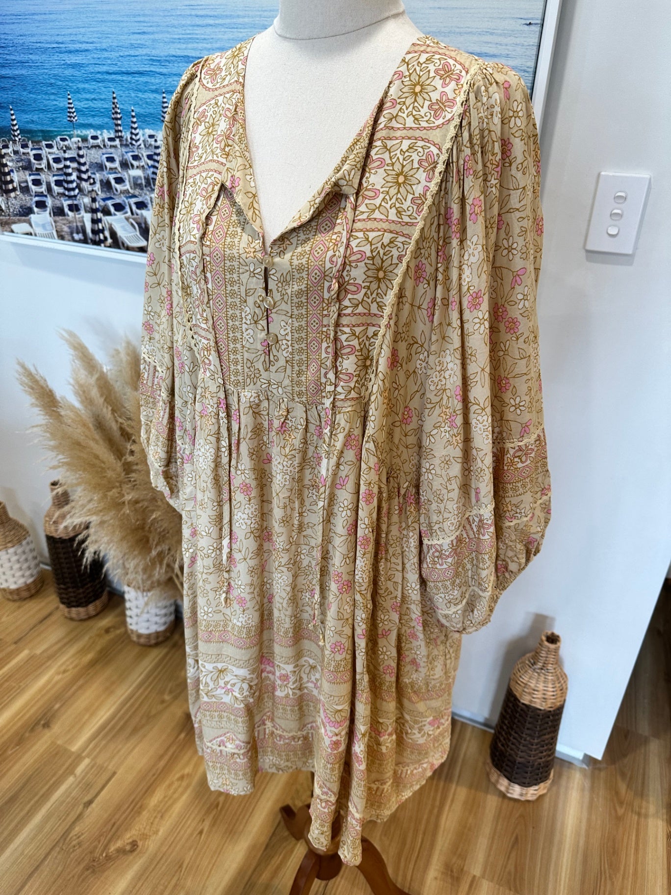 Jaase - Midi Bohemian Dress - Small - Beige & Pink