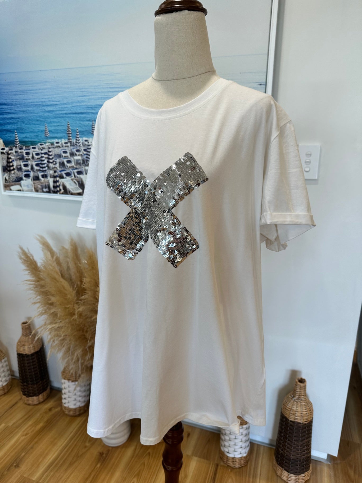Freez - Sequin Top - Size 20 - White w Silver Sequin Cross