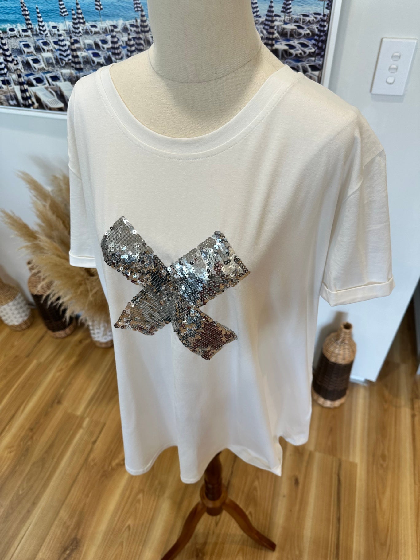 Freez - Sequin Top - Size 20 - White w Silver Sequin Cross