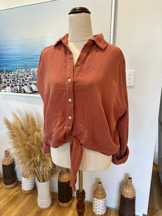 Glassons - Crop Shirt with Tie Front - Large - Rust