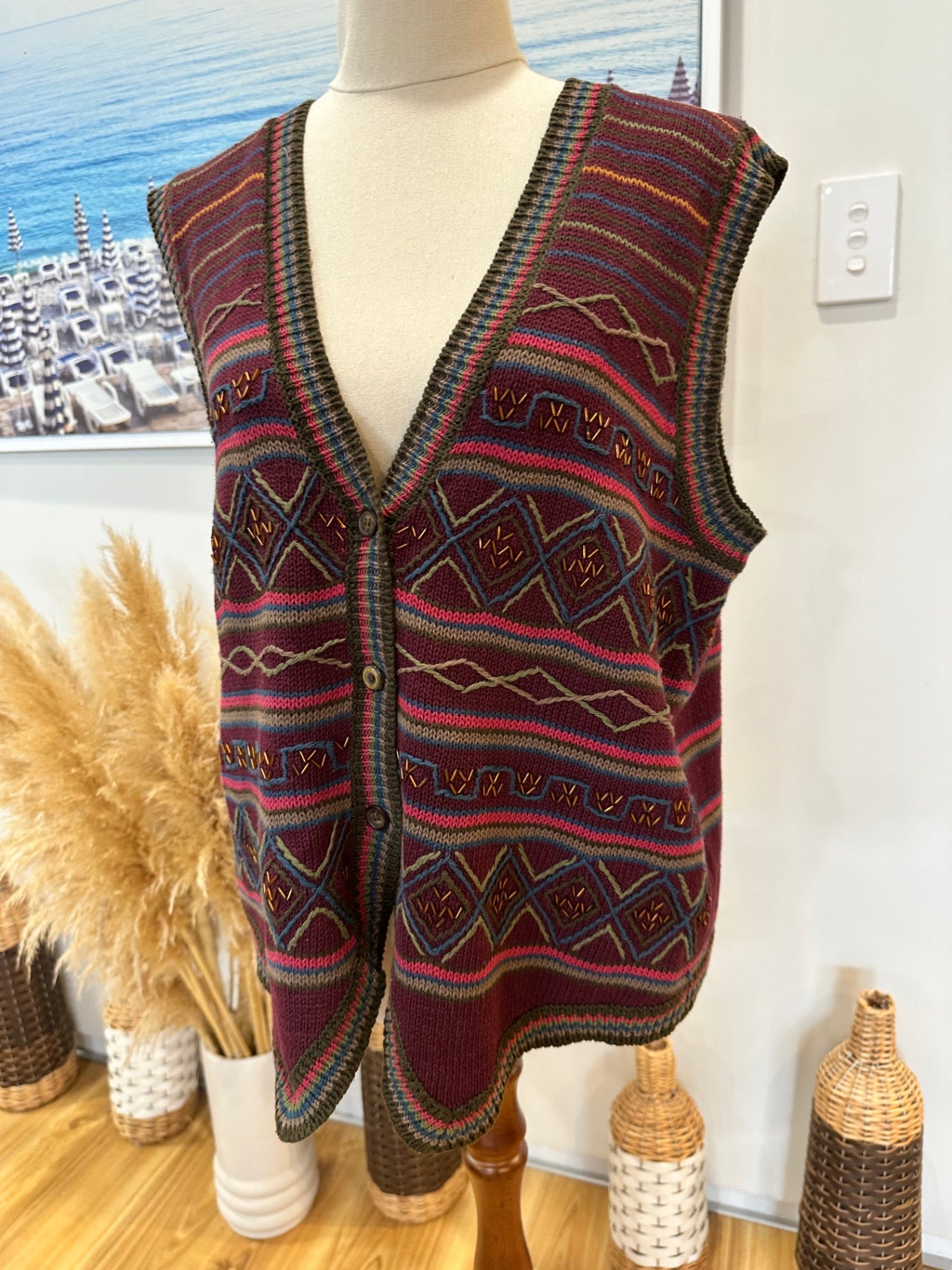 Vintage 90's - Don Kenny Vest - Large - Burgundy with patterns