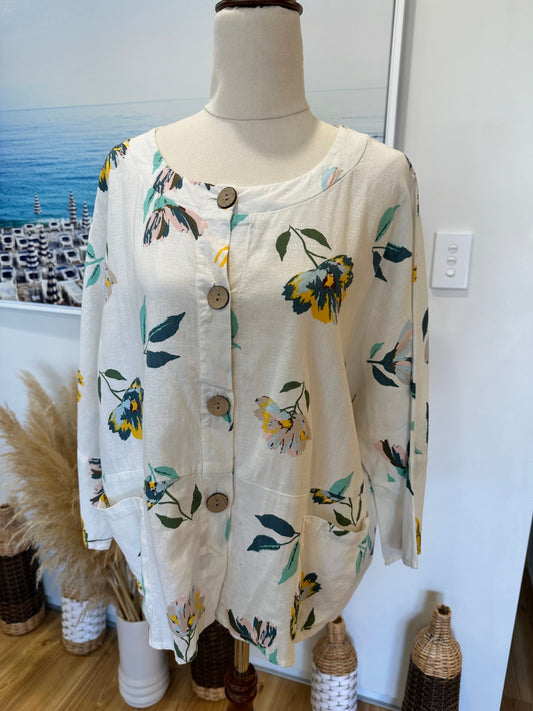 55% Linen - Blouse - Size 8 - Cream with multicolored floral pattern