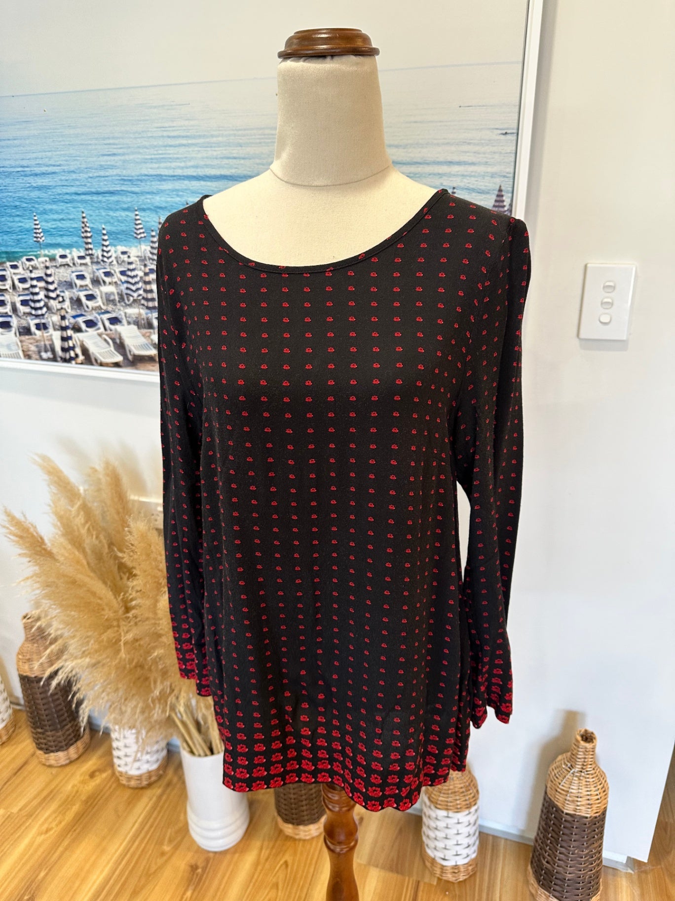 Laura Ashley - Top - Small - Black with Red pattern