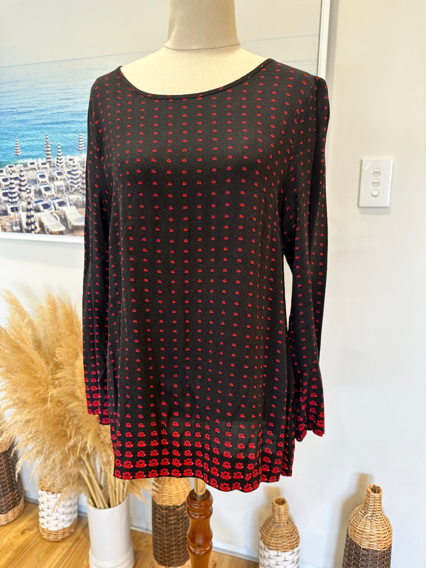 Laura Ashley - Top - Small - Black with Red pattern