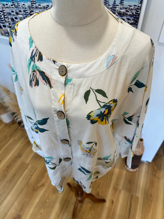55% Linen - Blouse - Size 8 - Cream with multicolored floral pattern