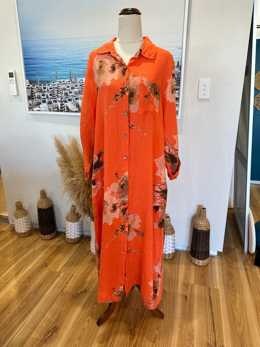 Faleria - 100% Linen Summer Dress - Large / Extra Large - Orange