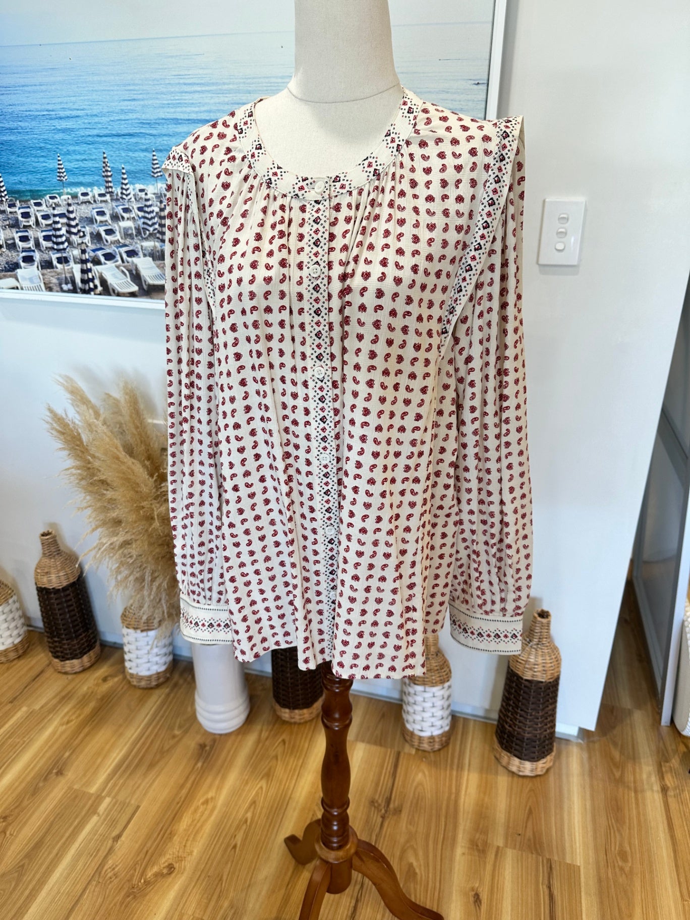 M&S Blouse - Size 18 - Cream w Red Paisley Print