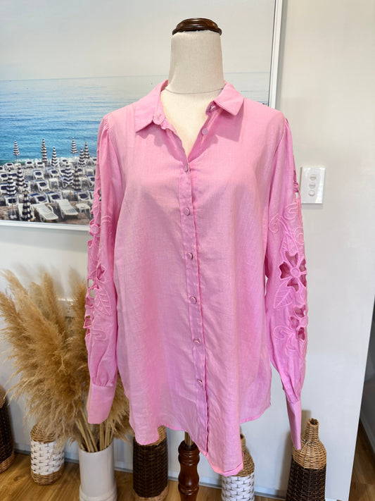 Decjuba - Pink Embroidery Blouse - Size 12 - 55% Cotton / 45% Linen