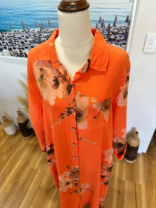 Faleria - 100% Linen Summer Dress - Large / Extra Large - Orange