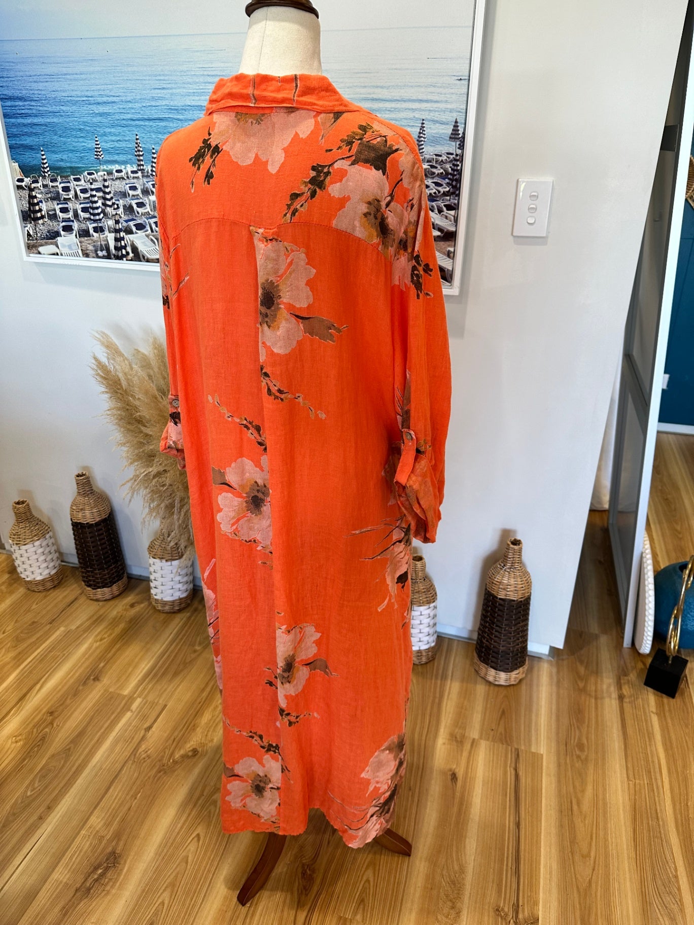 Faleria - 100% Linen Summer Dress - Large / Extra Large - Orange