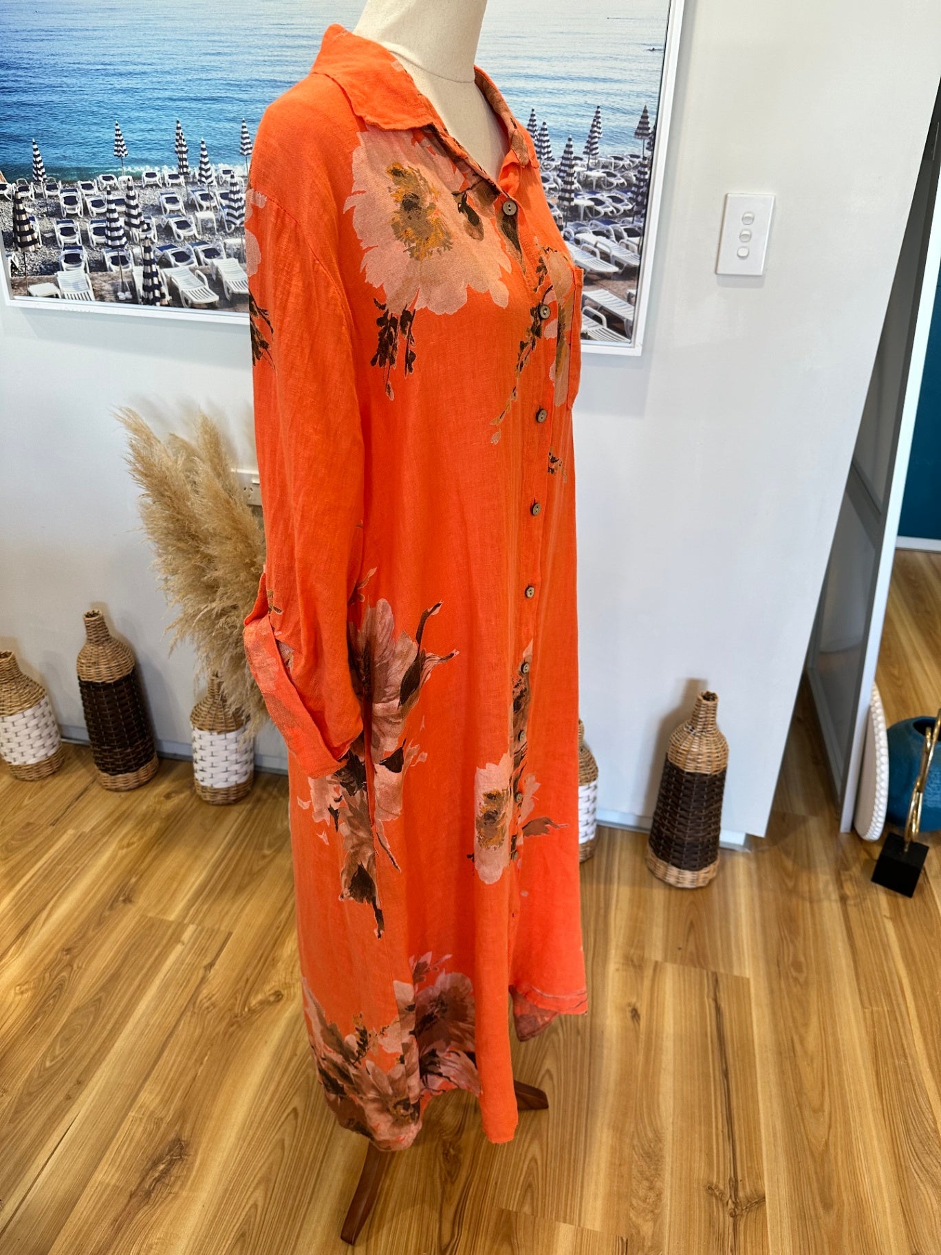 Faleria - 100% Linen Summer Dress - Large / Extra Large - Orange