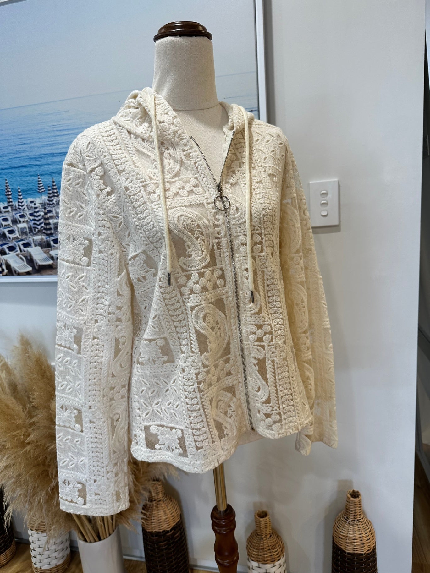 Lace Zip Up Jacket - Medium - Cream