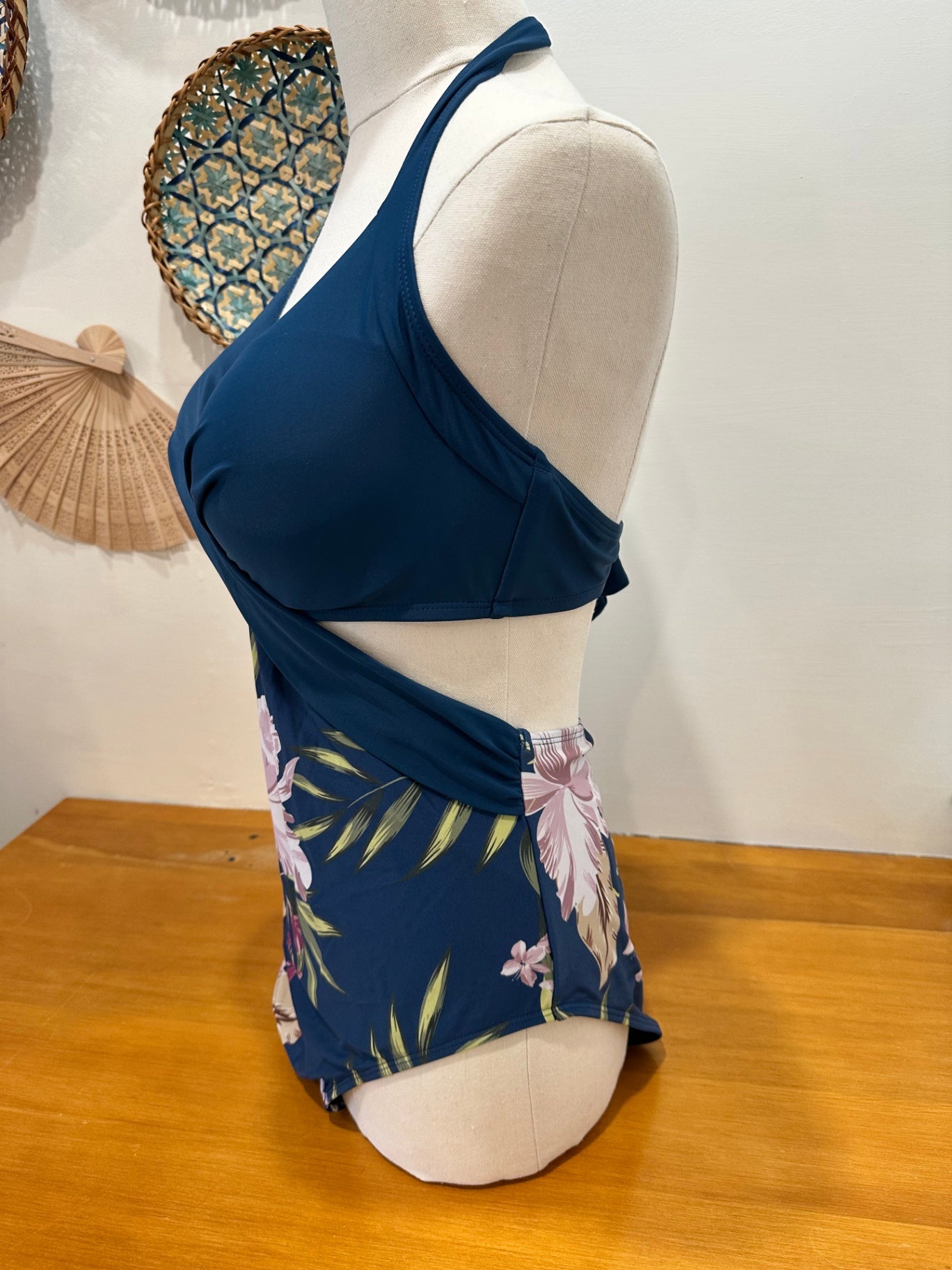 One Piece Swimsuit - Size 10 - Navy blue with floral pattern