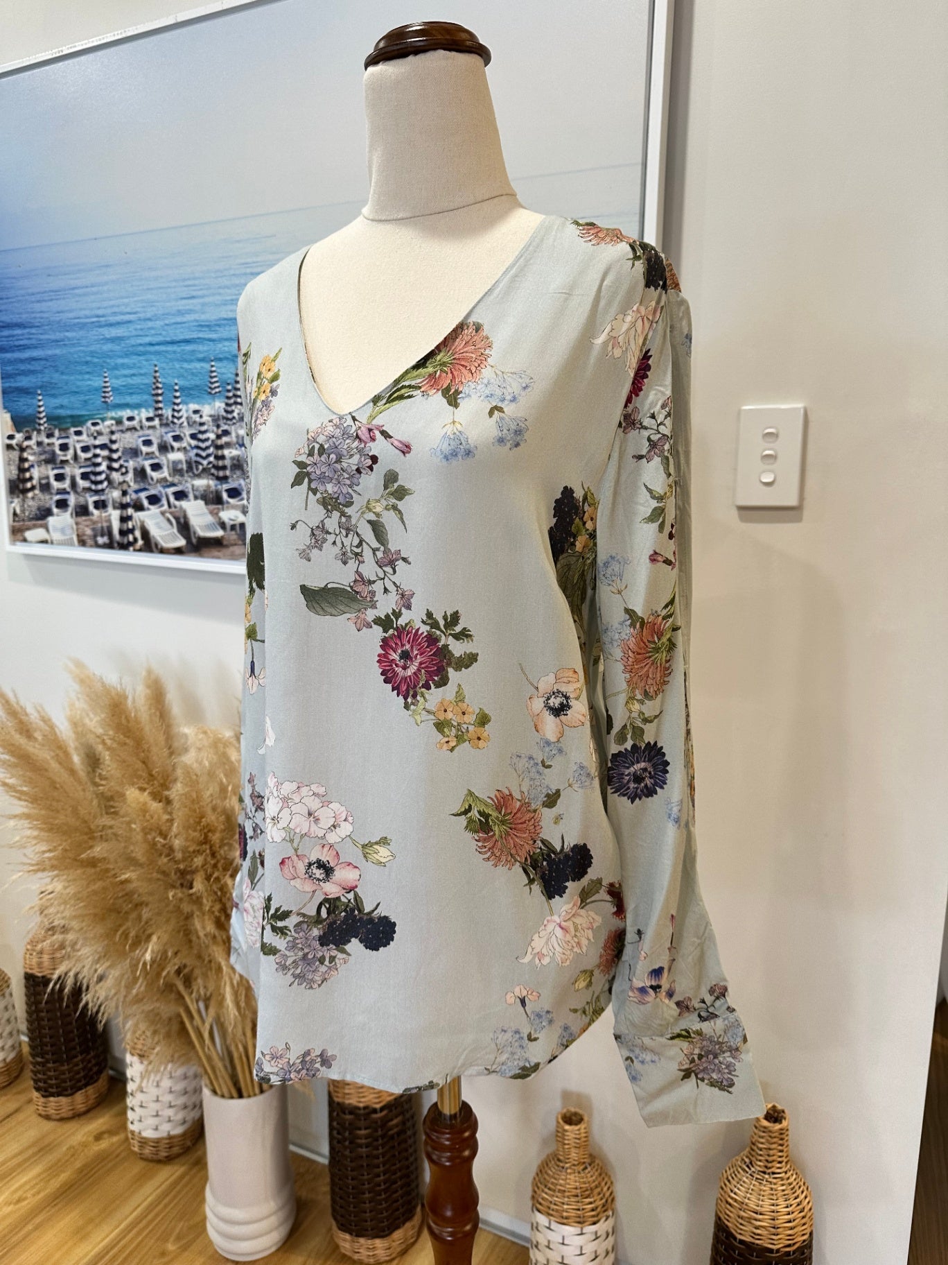 Reserved - Blouse - Size 12 - Pale Blue & Florals