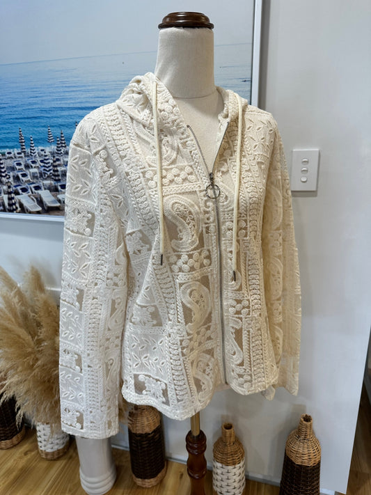 Lace Zip Up Jacket - Medium - Cream