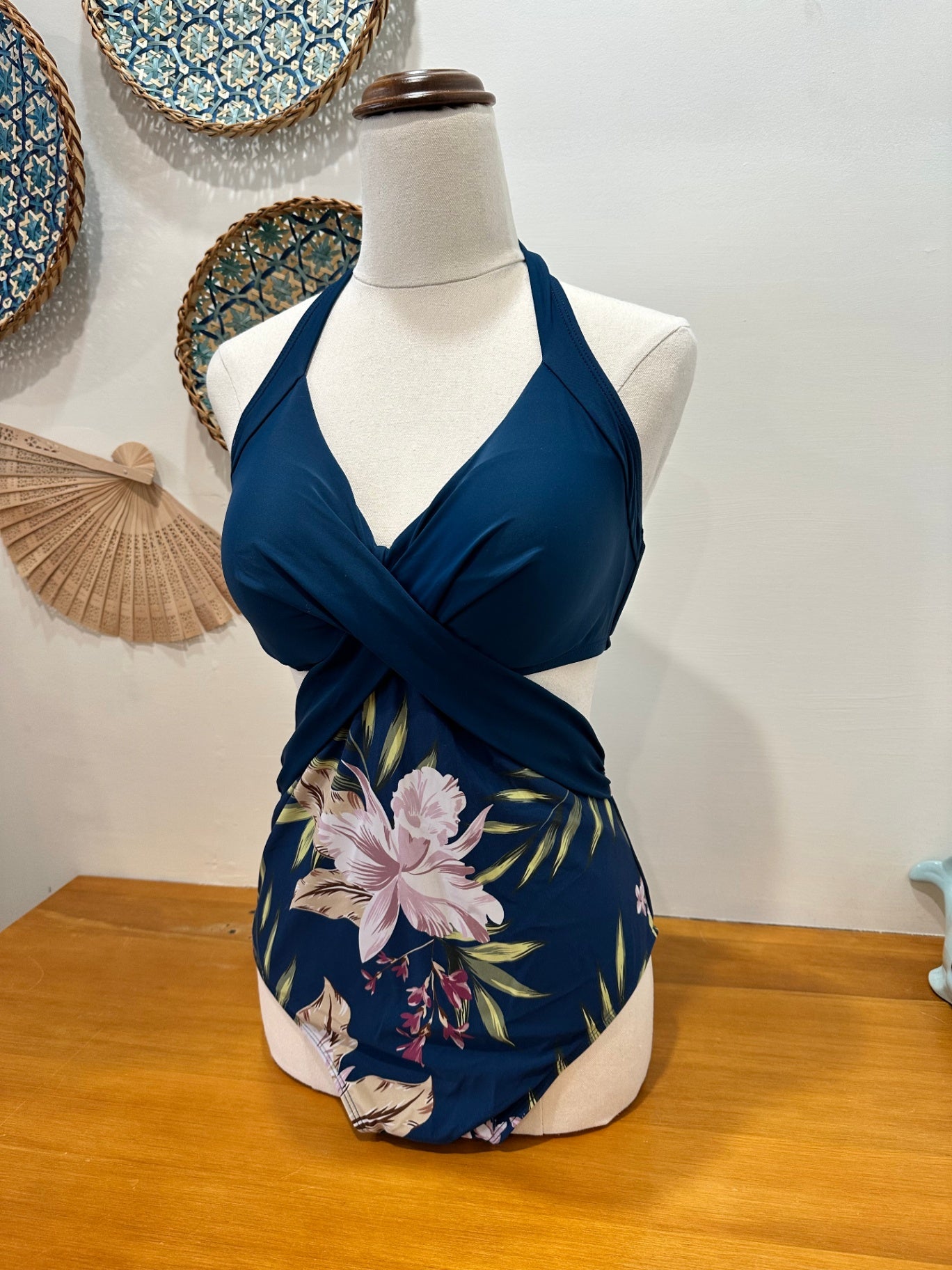 One Piece Swimsuit - Size 10 - Navy blue with floral pattern