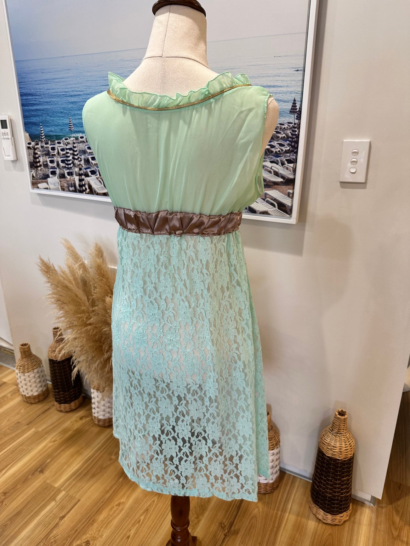 Vintage 90's - Babydoll Dress - Aqua / Gold - Lace