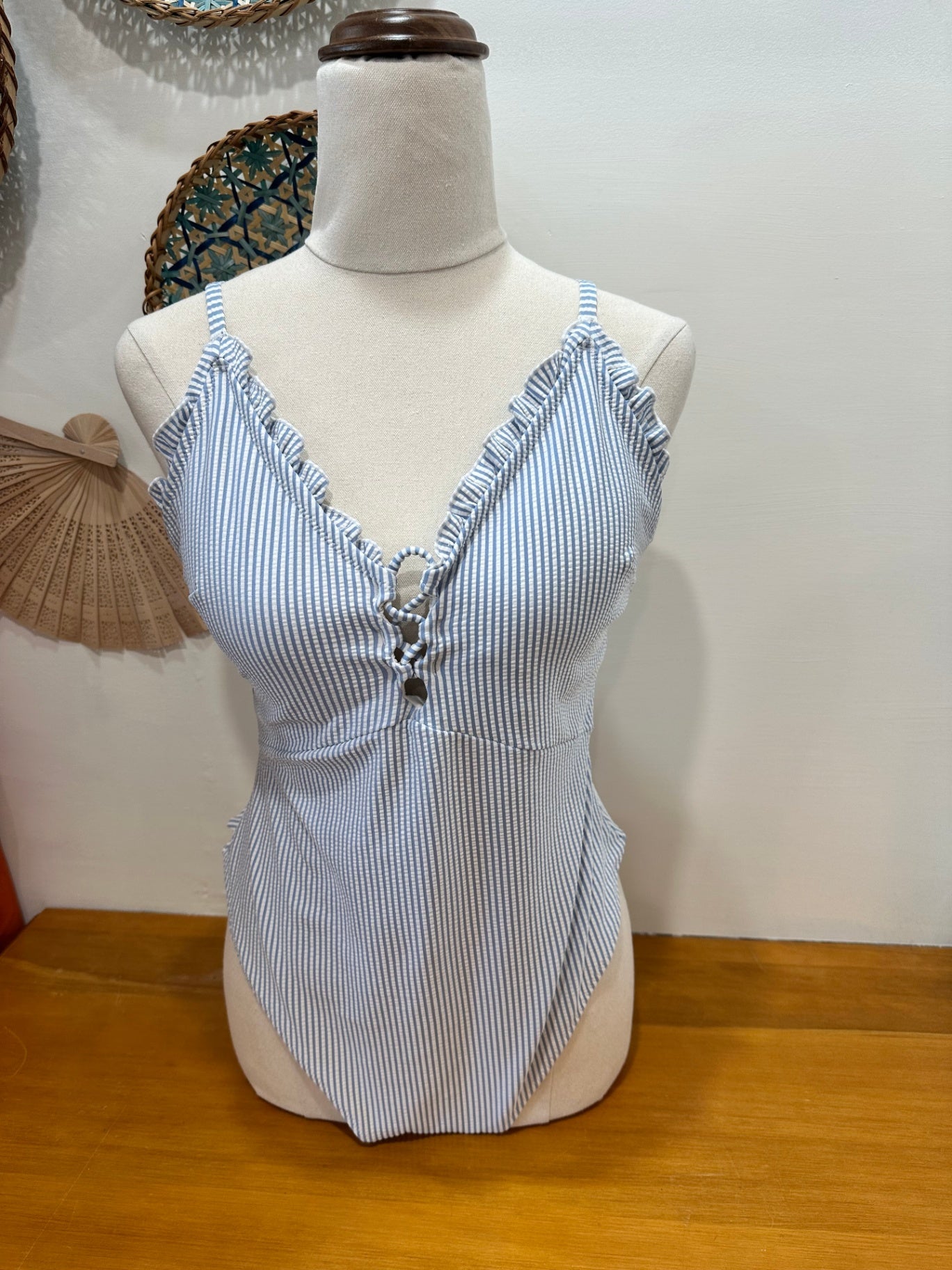 One Piece Swimsuit - Small - Pale Blue Stripes