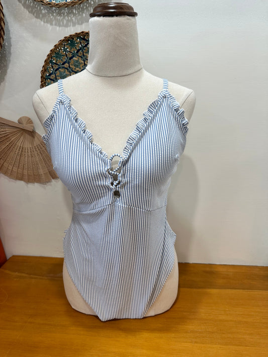 One Piece Swimsuit - Small - Pale Blue Stripes