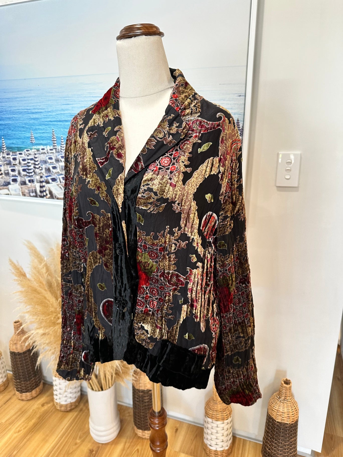 Velvet Jacket - Medium / Large - Black, red, gold, and green