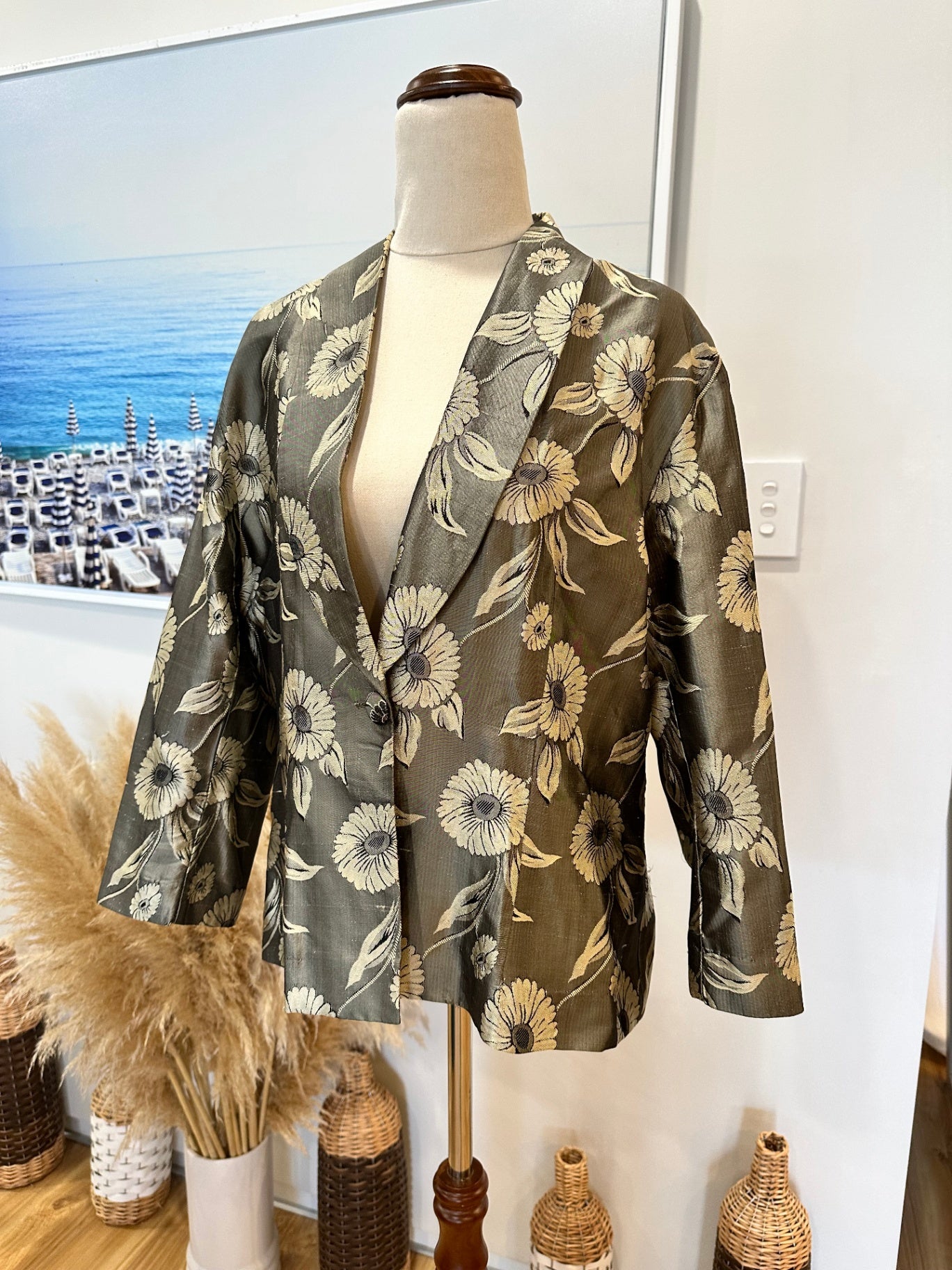 T.O.A.T - 100% Silk - Made in New Zealand - Blazer - Size 14 - Grey / Gold