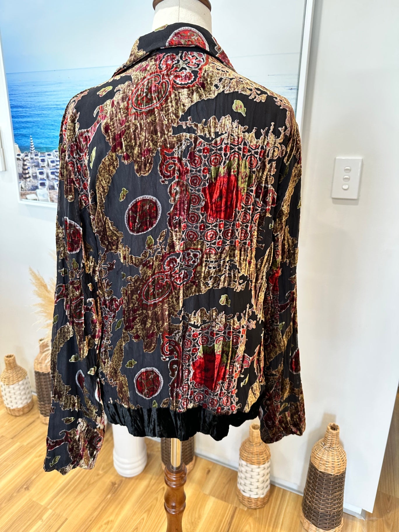 Velvet Jacket - Medium / Large - Black, red, gold, and green