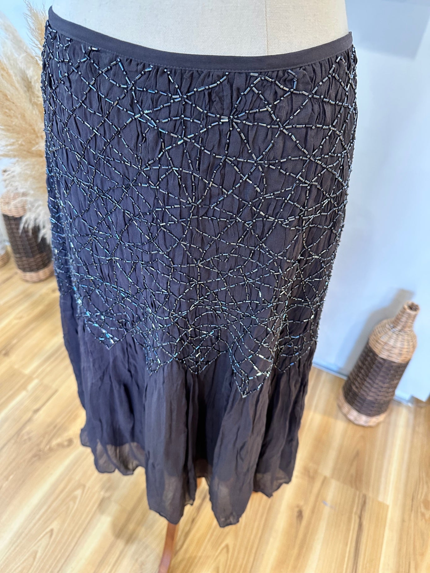 Jacqui-E - 100% Silk Embroidered Skirt - Grey