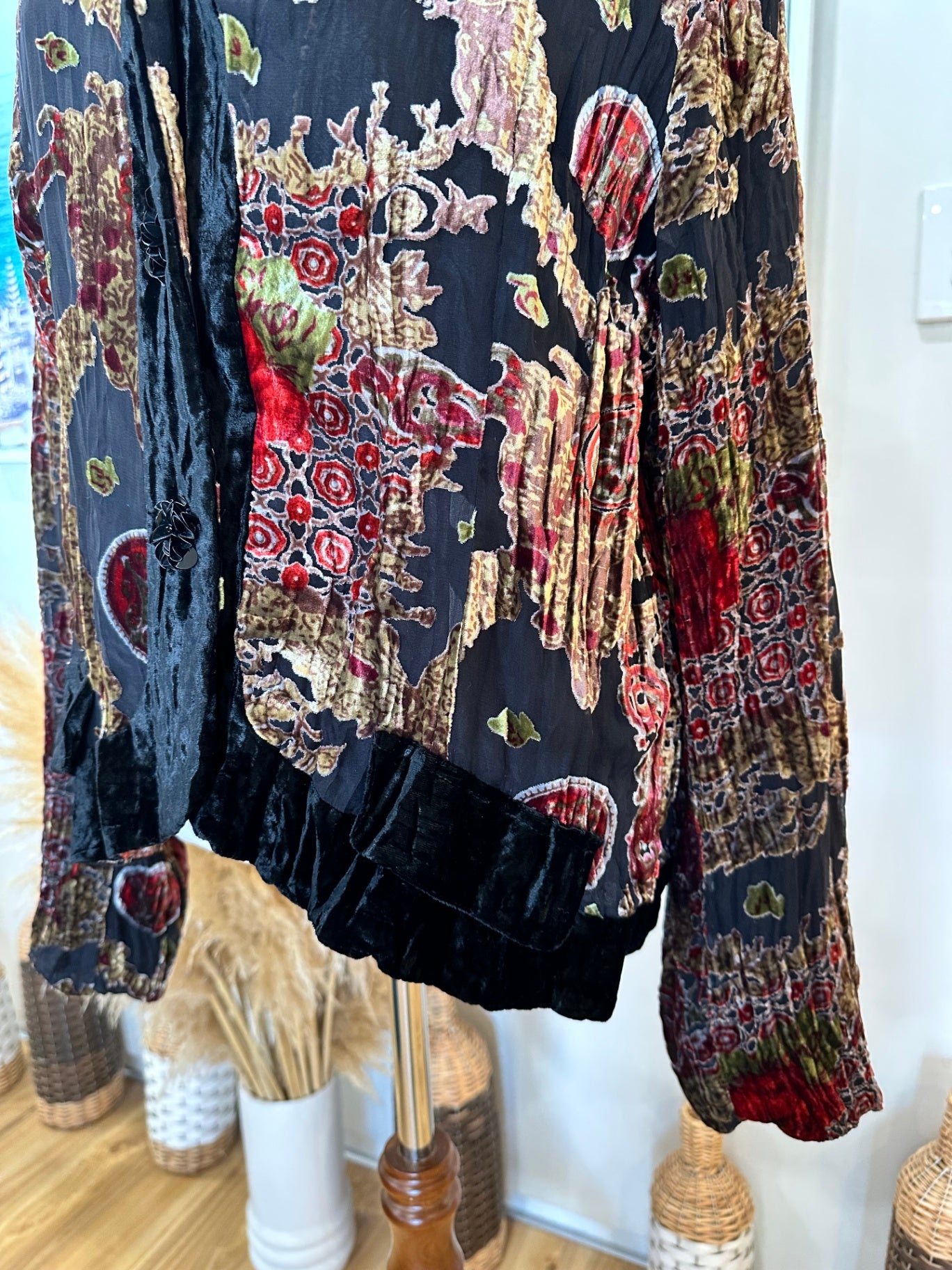 Velvet Jacket - Medium / Large - Black, red, gold, and green