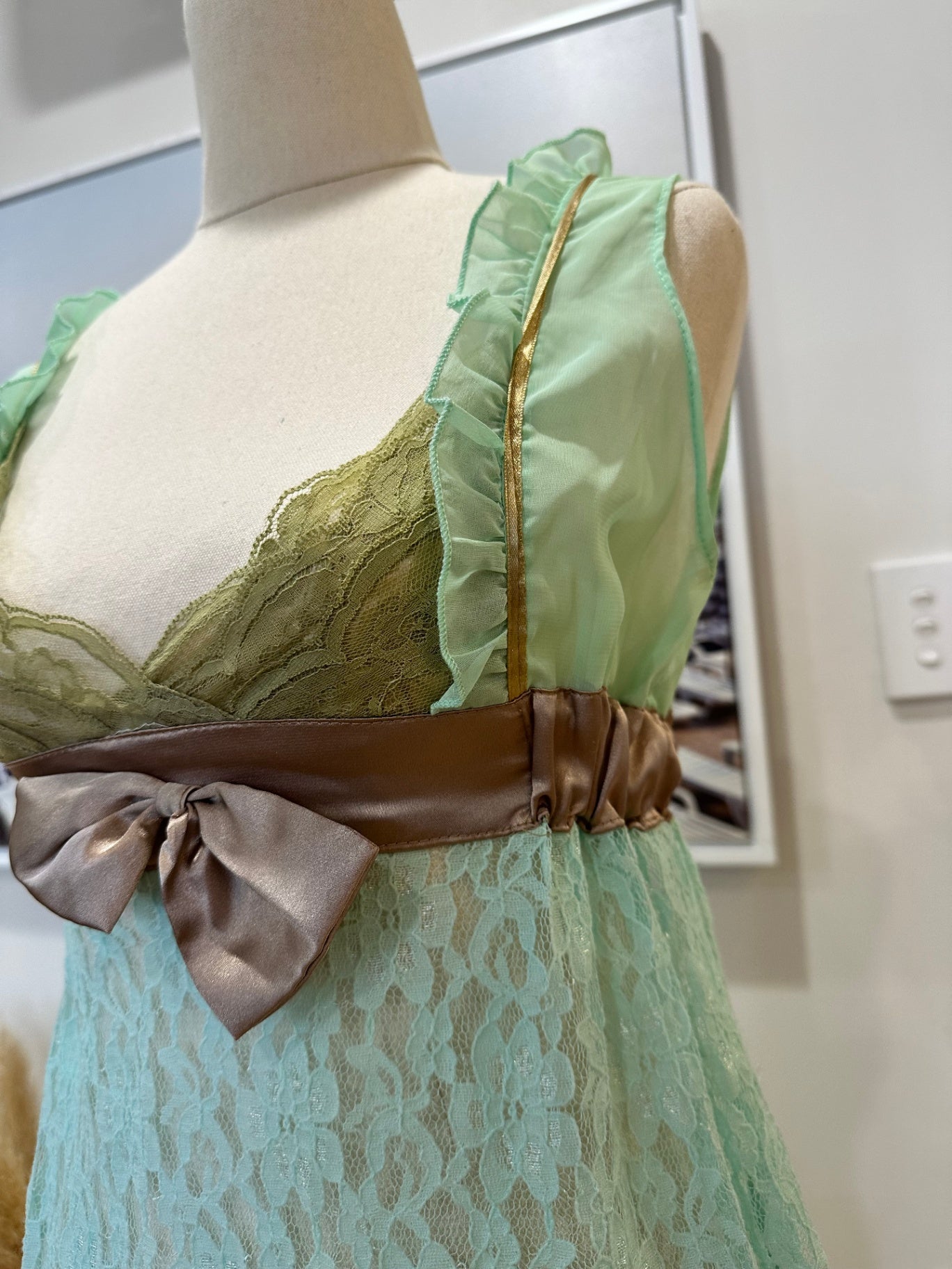 Vintage 90's - Babydoll Dress - Aqua / Gold - Lace