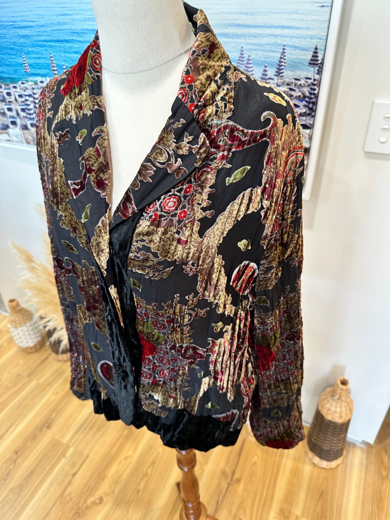 Velvet Jacket - Medium / Large - Black, red, gold, and green